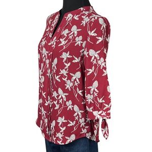 41 Hawthorn Pullover Floral Print Blouse Maroon White 3/4 Sleeve Tie‎ Size XS/P